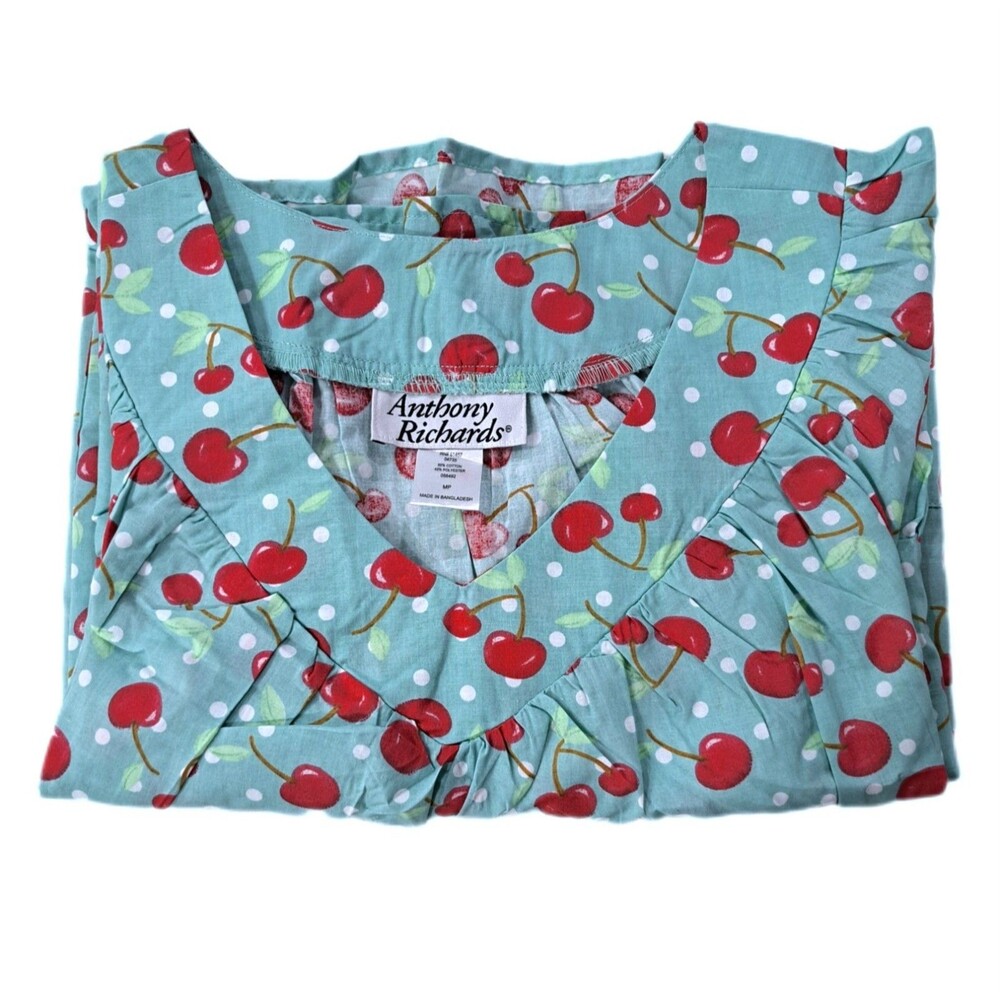 Anthony Richards VTG Teal Cherries Mumu Patio House Dress Midi Women's Size MP - Picture 9 of 9